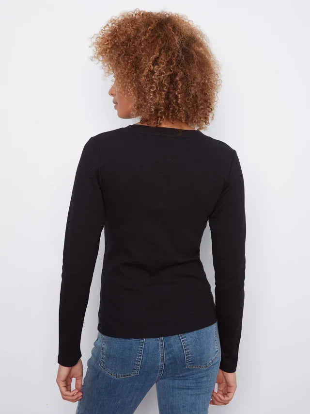 Black ribbed V-neck long sleeve top by Charlie B in a cotton-tencel blend