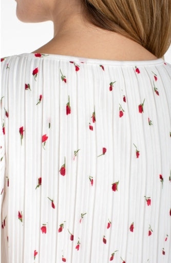 Liverpool flutter sleeve boat neck knit top, white and red floral, back detail