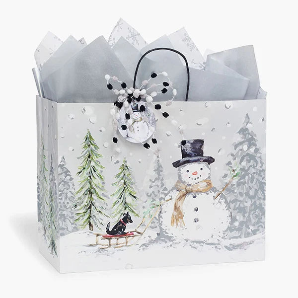 Silver Snowman Paper Gift Bags with tissue, 3 sizes