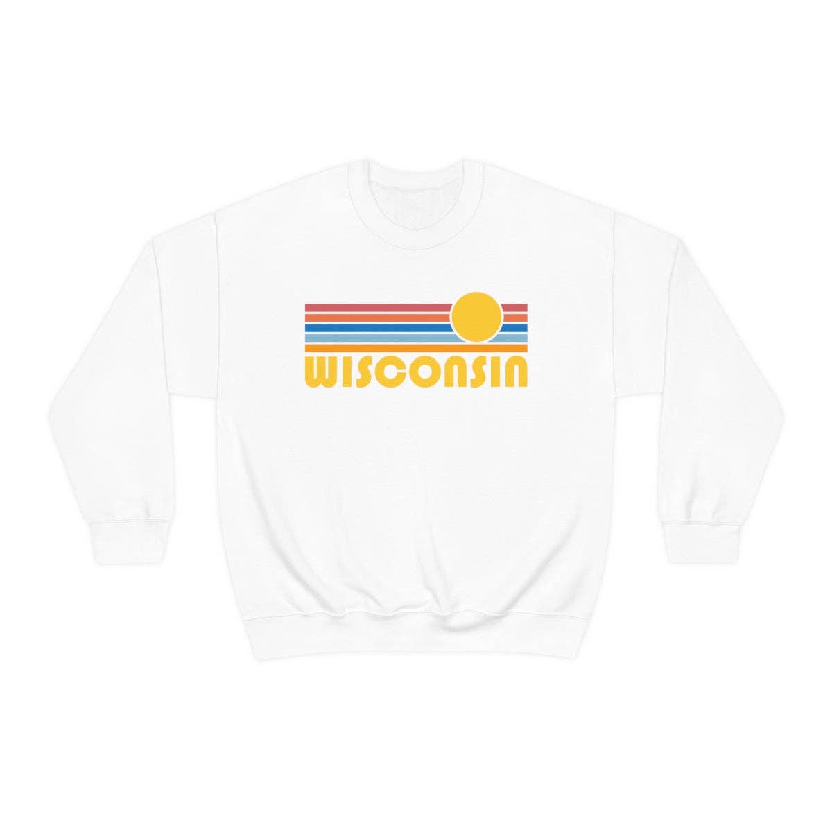 A white crewneck sweatshirt featuring a retro-style graphic on the chest with horizontal red, orange, and blue stripes, a yellow sun, and the word 'Wisconsin' in yellow.