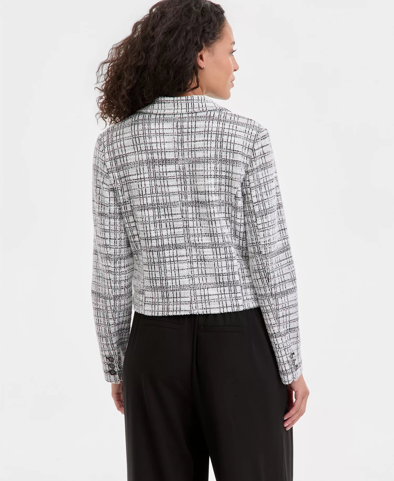 Notch Collar Cropped Blazer, Black & White Plaid