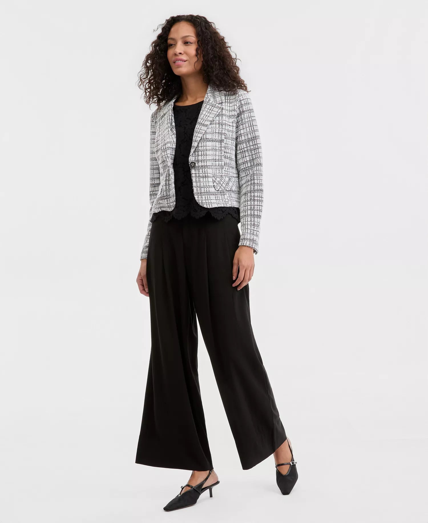 Notch Collar Cropped Blazer, Black & White Plaid