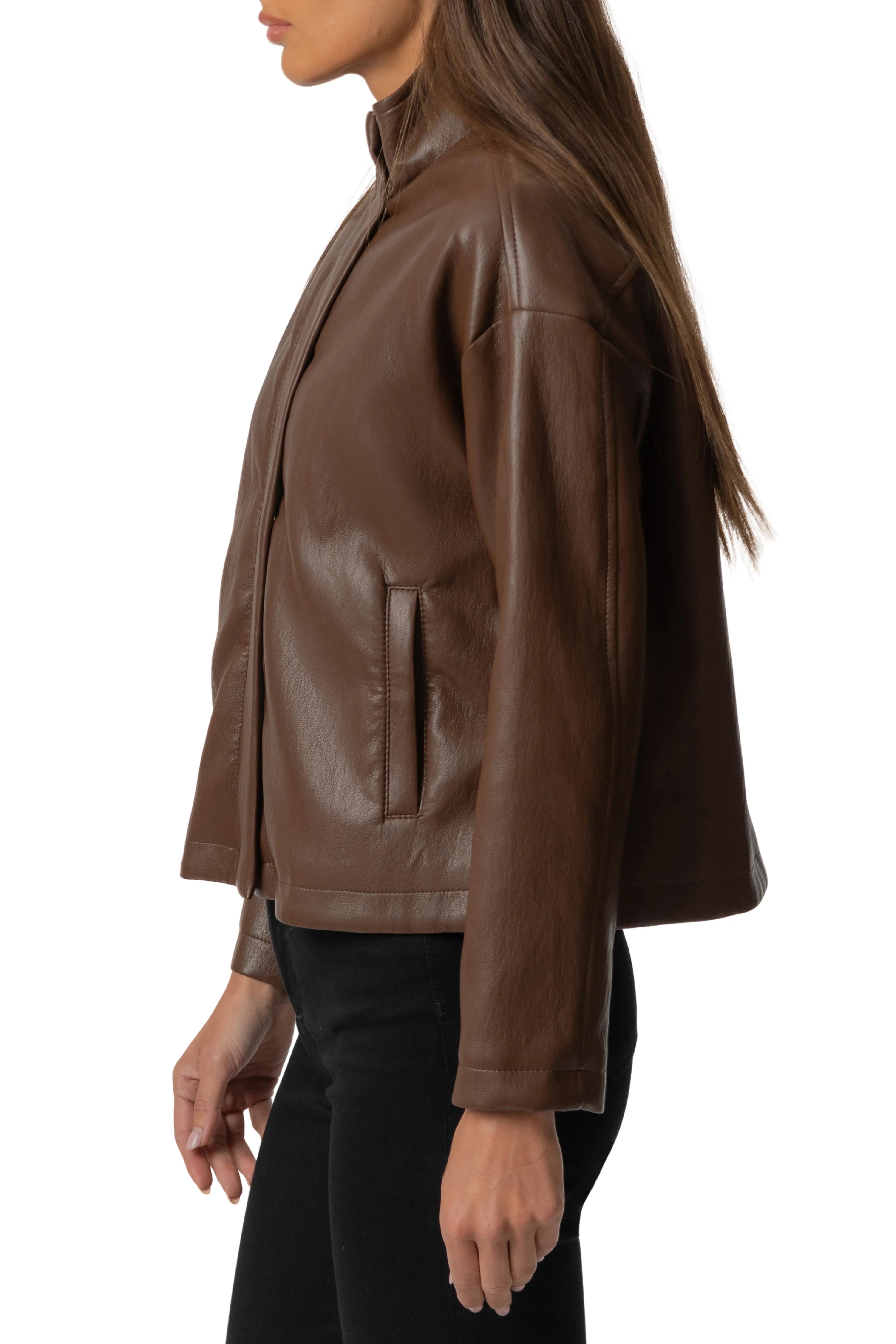 Wren Drop Shoulder PU Leather High Collar Jacket, Chocolate