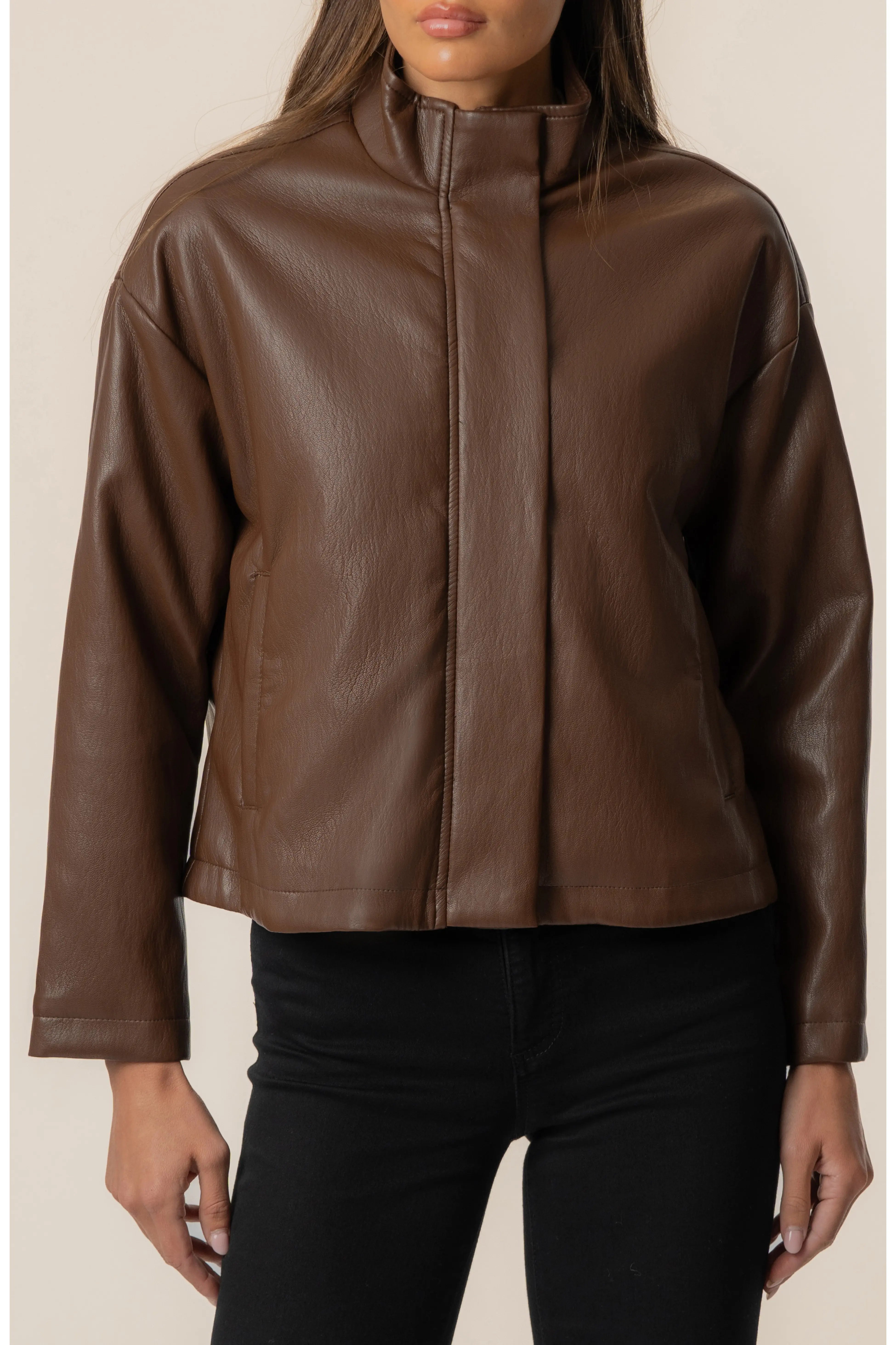 Wren Drop Shoulder PU Leather High Collar Jacket, Chocolate