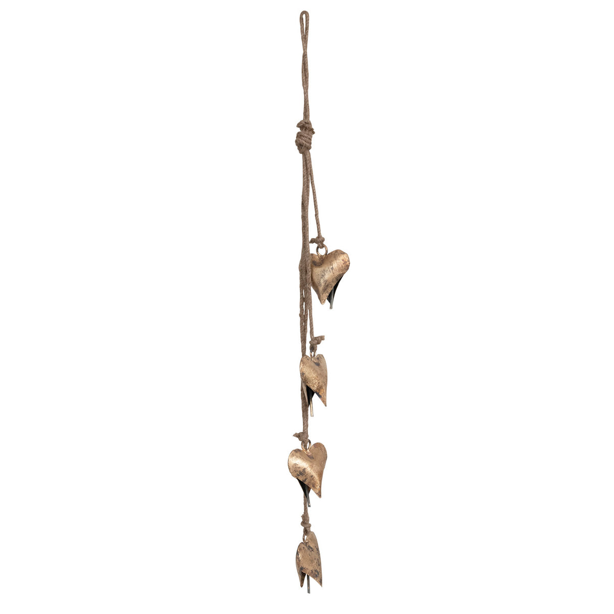 Metal Hearts on Jute Rope Garland, Antique Brass Finish