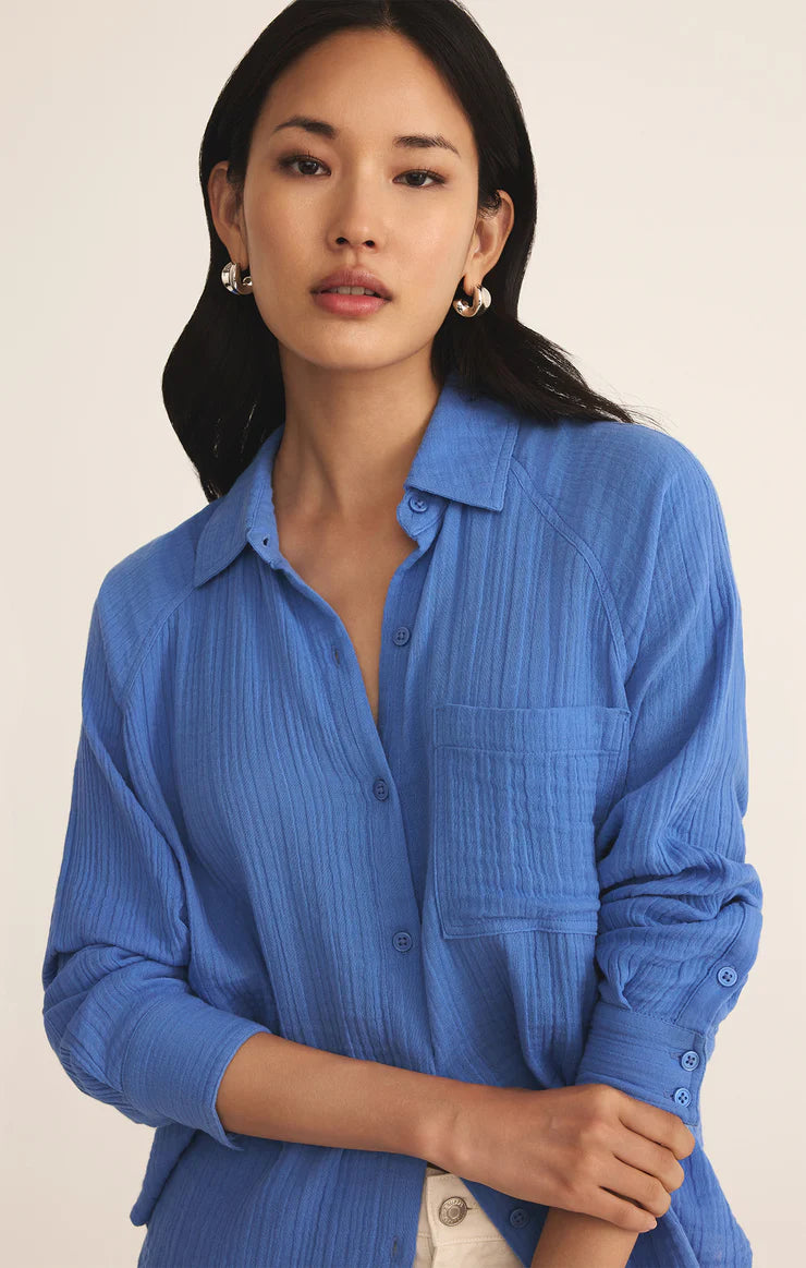 Perfect Airy Gauze Button-up, Bay Blue