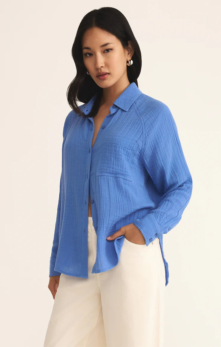 Perfect Airy Gauze Button-up, Bay Blue