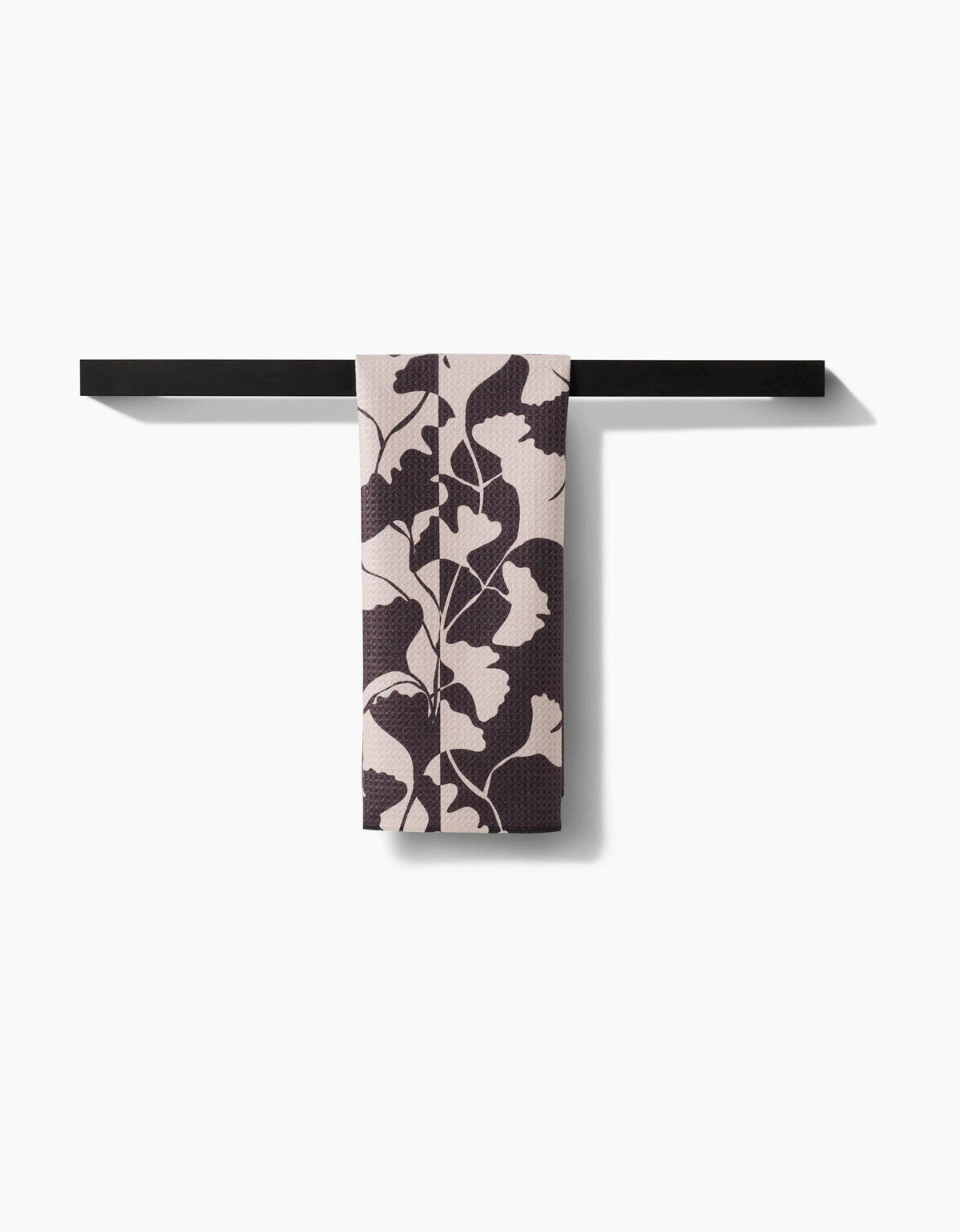 Geometry Midnight Ginkgo tea towel, in use