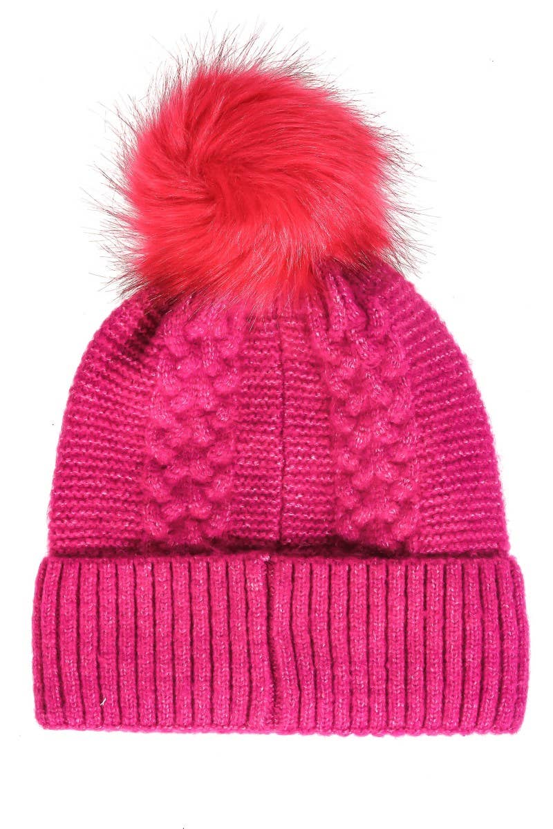 Crochet Knit Pompom Beanie, Hot Pink