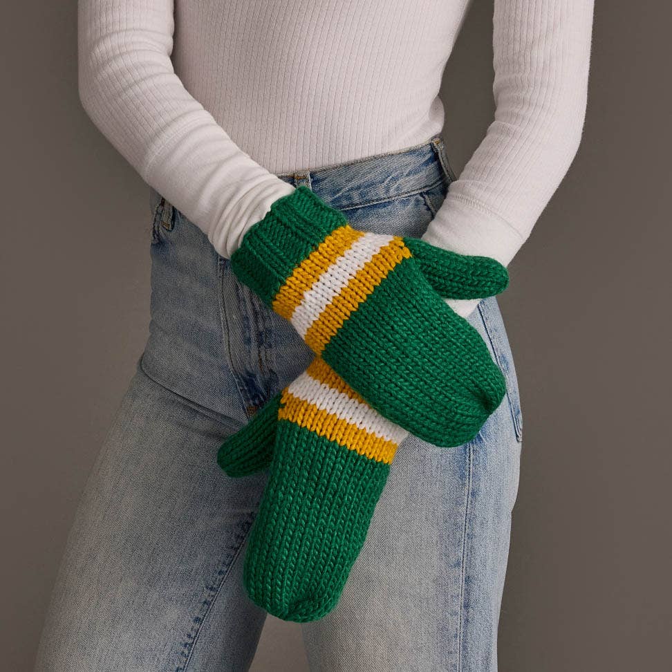 Panache Apparel Co. green, gold, and white striped knit mittens with ribbed cuff