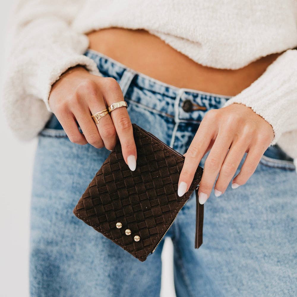 Pretty Simple Kat faux suede wallet in chocolate, camel, and black