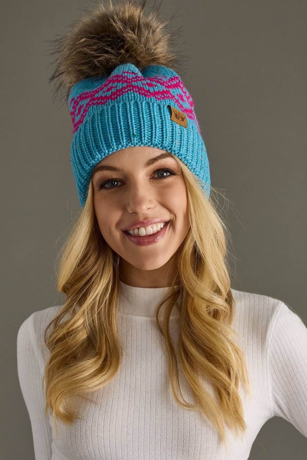 Blue & Speckled Patterned Pom Hat