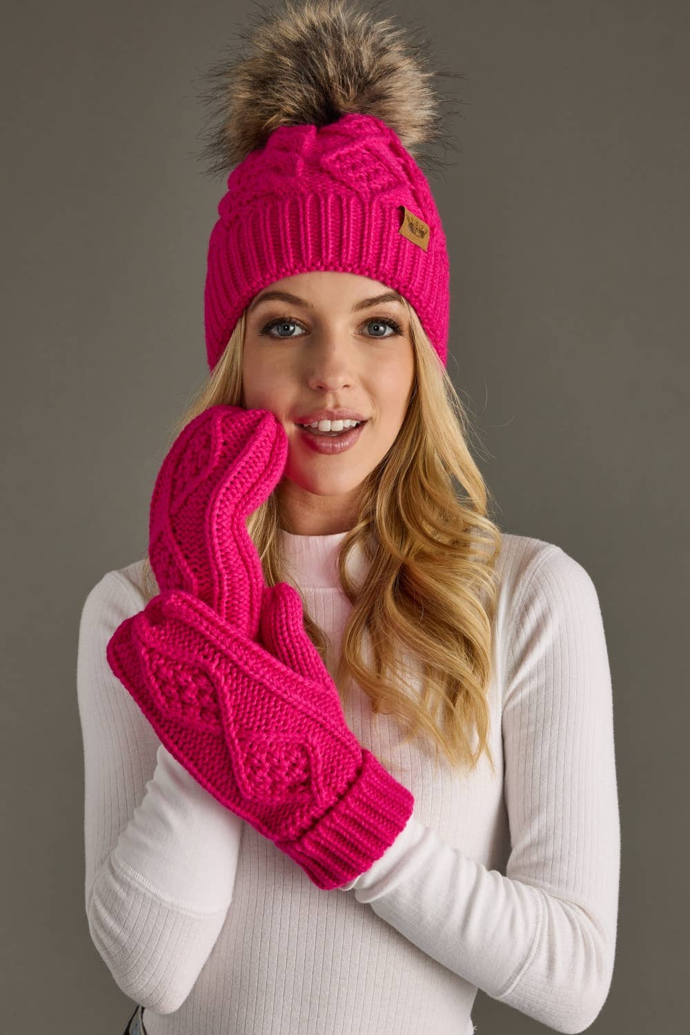 Bright Pink Cable Knit Mittens