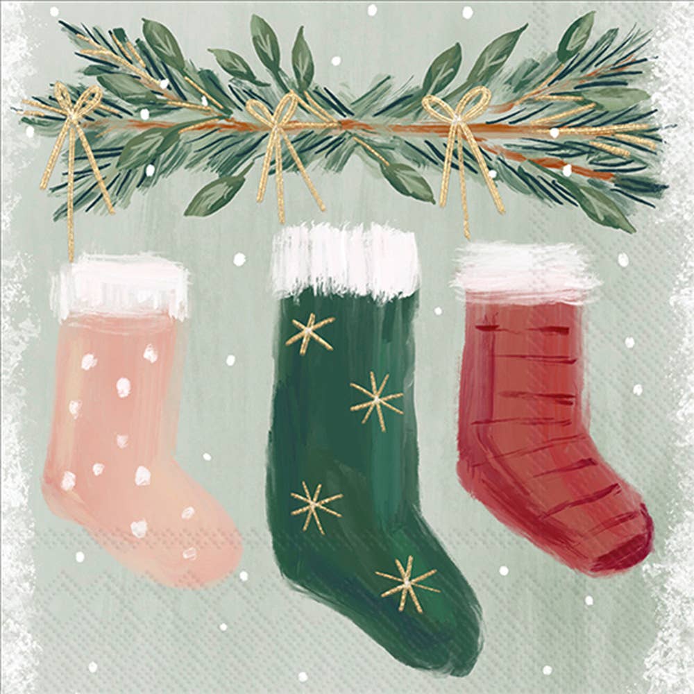 Boston International gilded greenery stockings paper cocktail napkins, 20 per pack