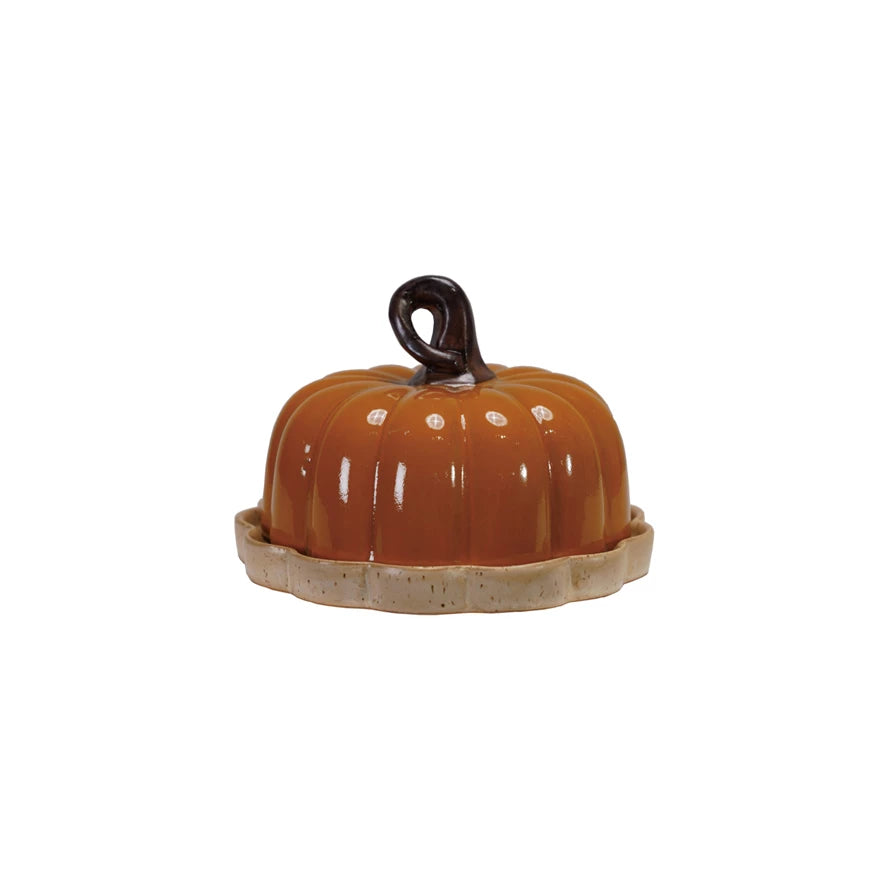 Stoneware Pumpkin Shaped Butter Dish with Stem Handle