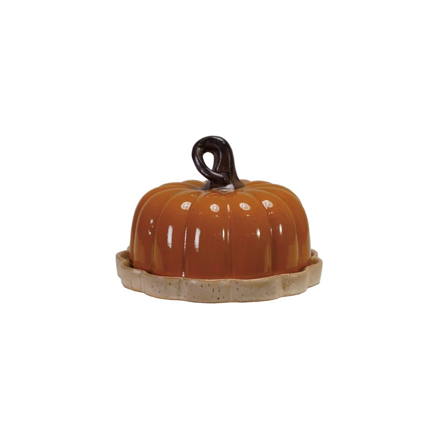 Stoneware pumpkin shaped butter dish with stem handle, reactive glaze, orange, 6.25 inches