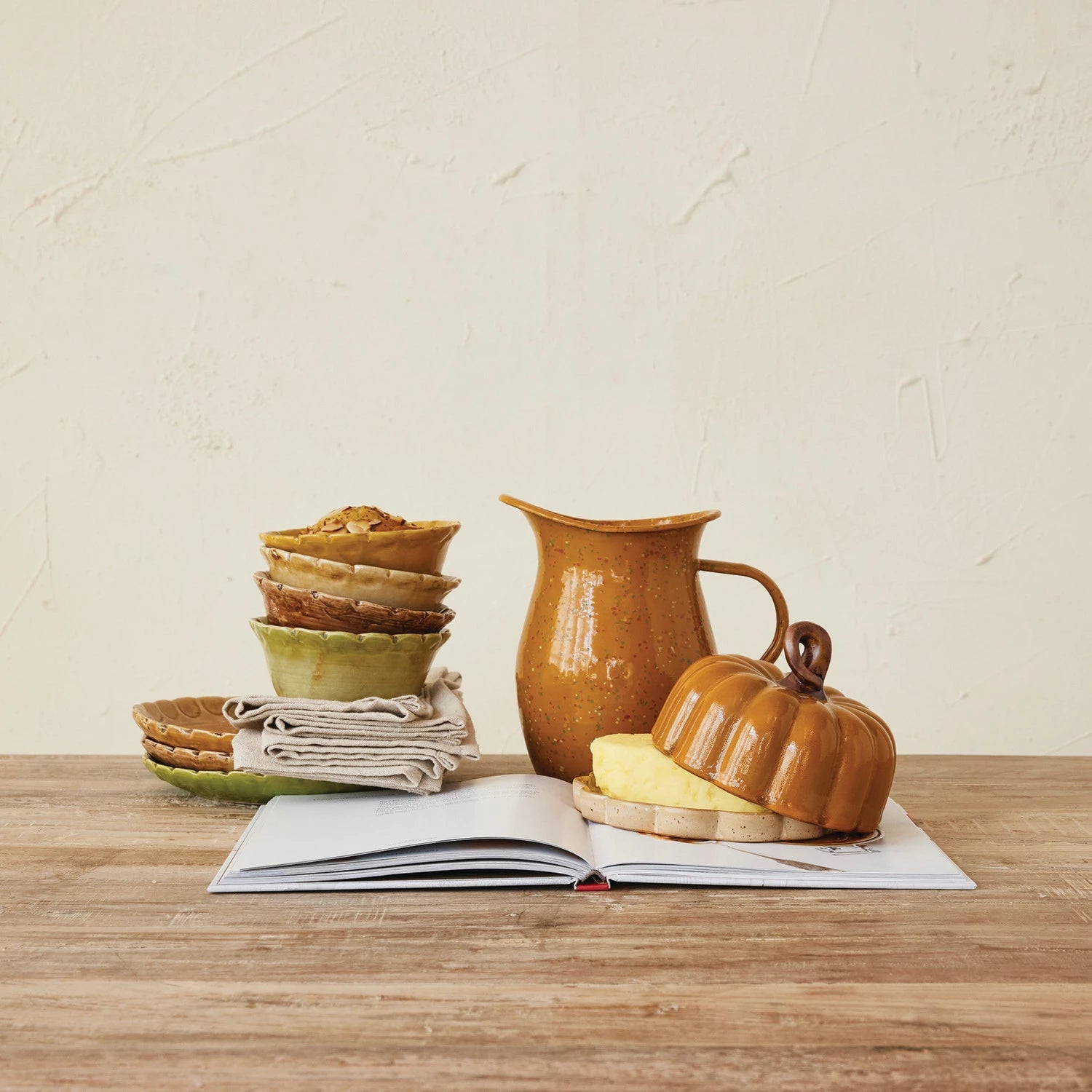 Stoneware Pumpkin Shaped Butter Dish with Stem Handle