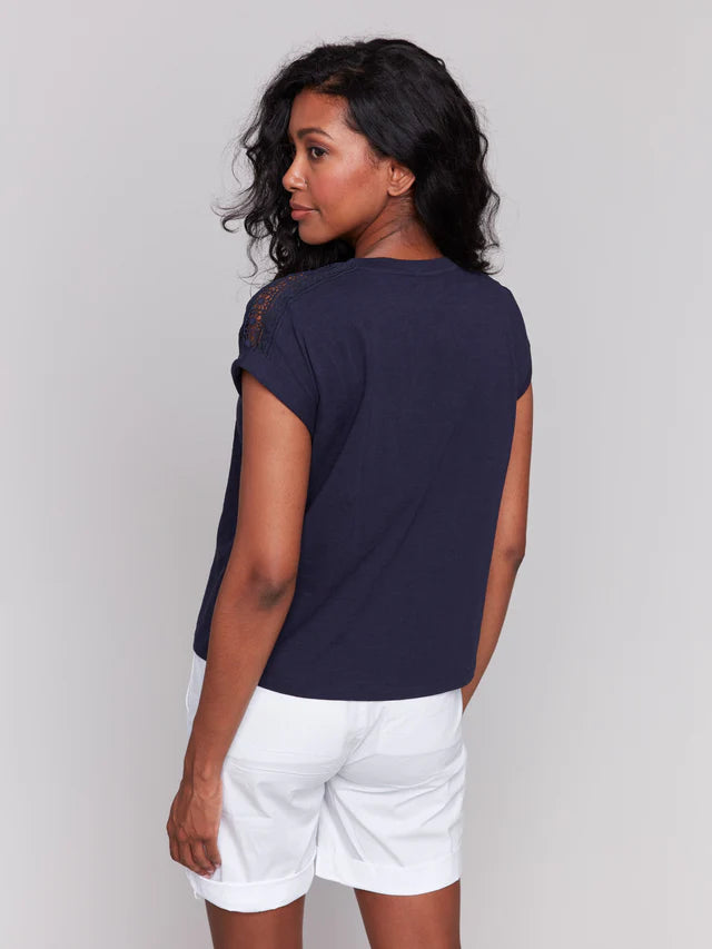 Drop Shoulder T-Shirt with Lace Detail, Navy