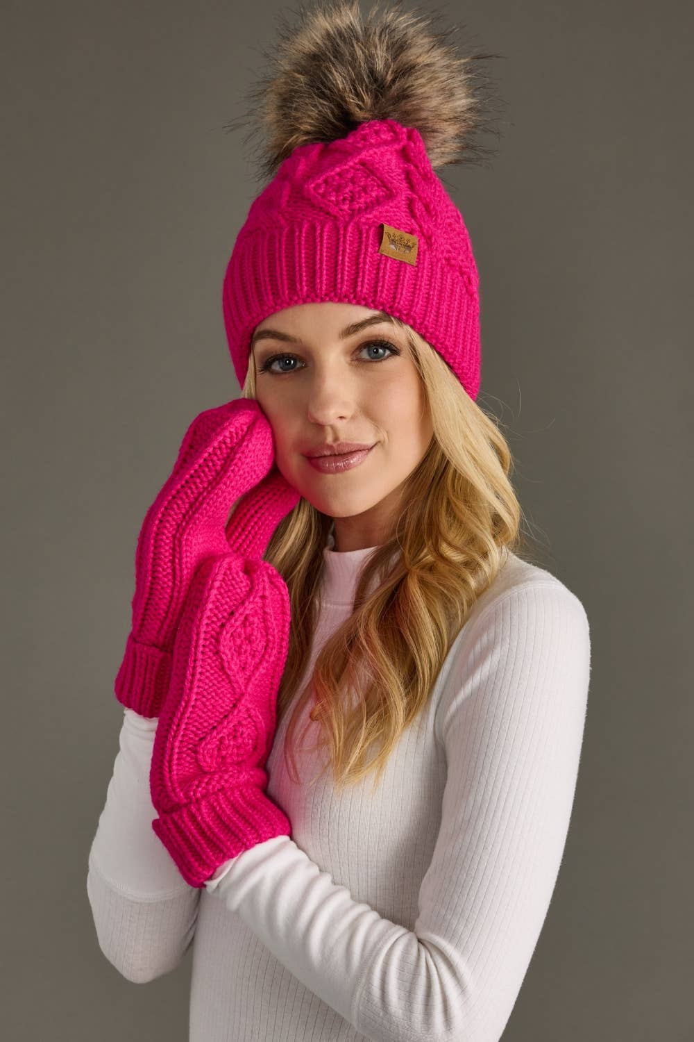 Bright Pink Cable Knit Mittens