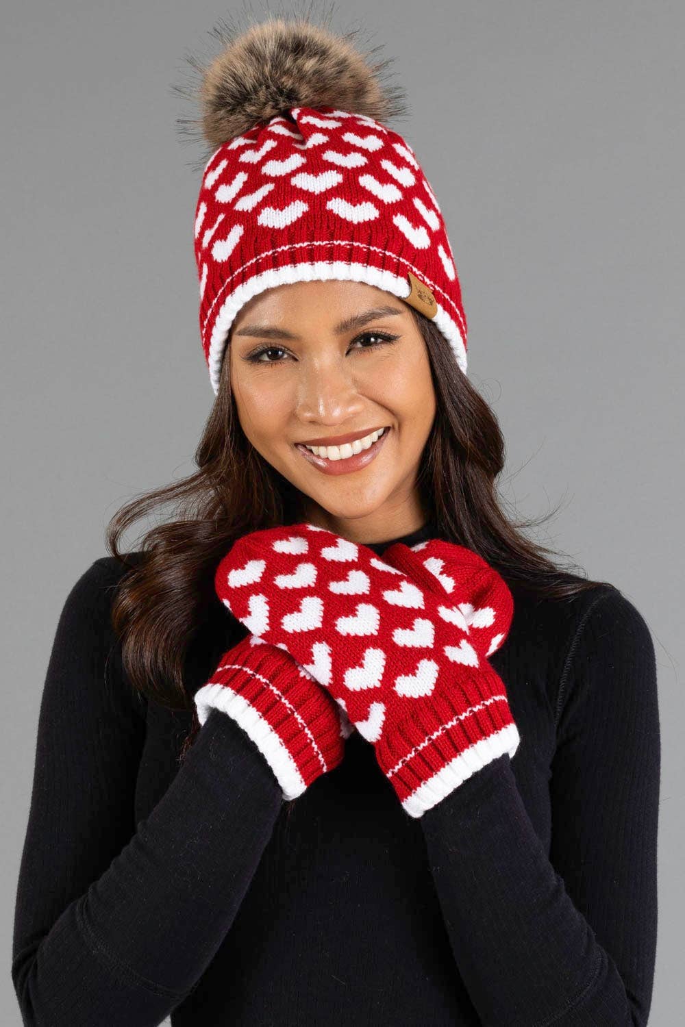 Panache Apparel Co. red and white heart print knit mittens, fleece-lined