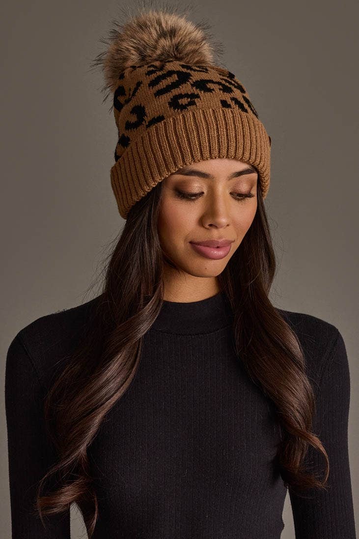 Panache Apparel Co. camel leopard print knit pom hat with faux fur pom