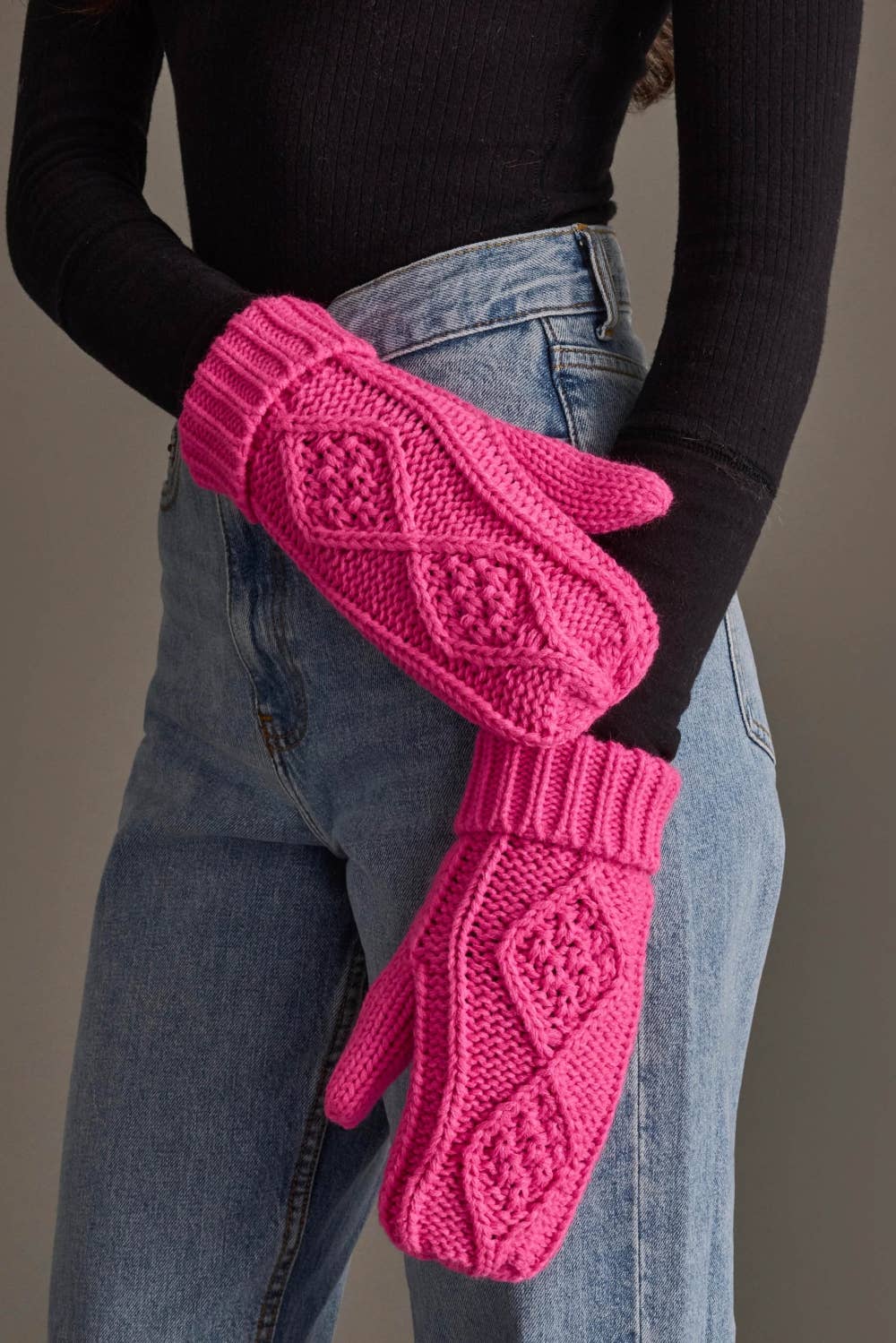 Panache Apparel Co. bright pink cable knit mittens with ribbed cuff