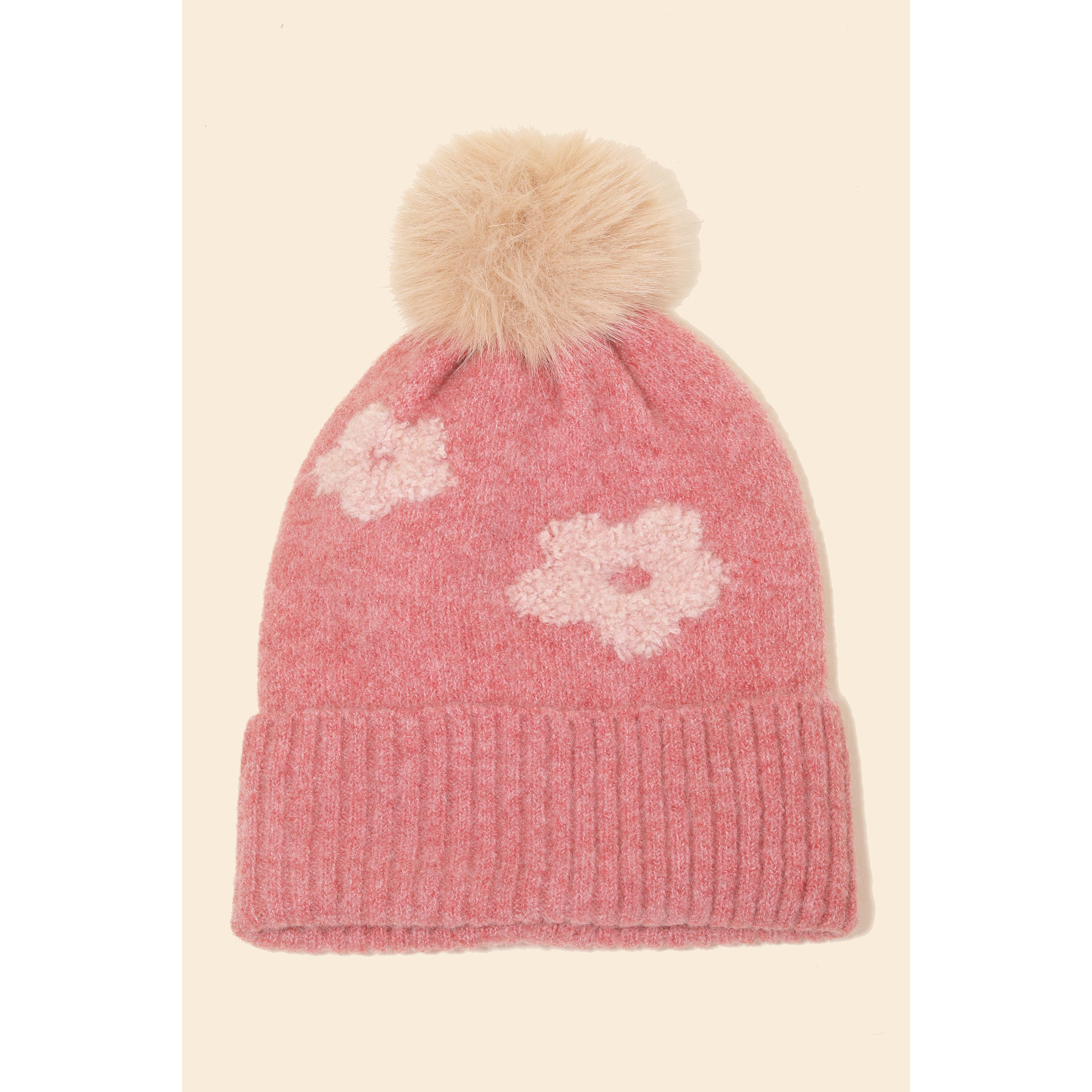 Flower Embroidered Pompom Beanie, Pink