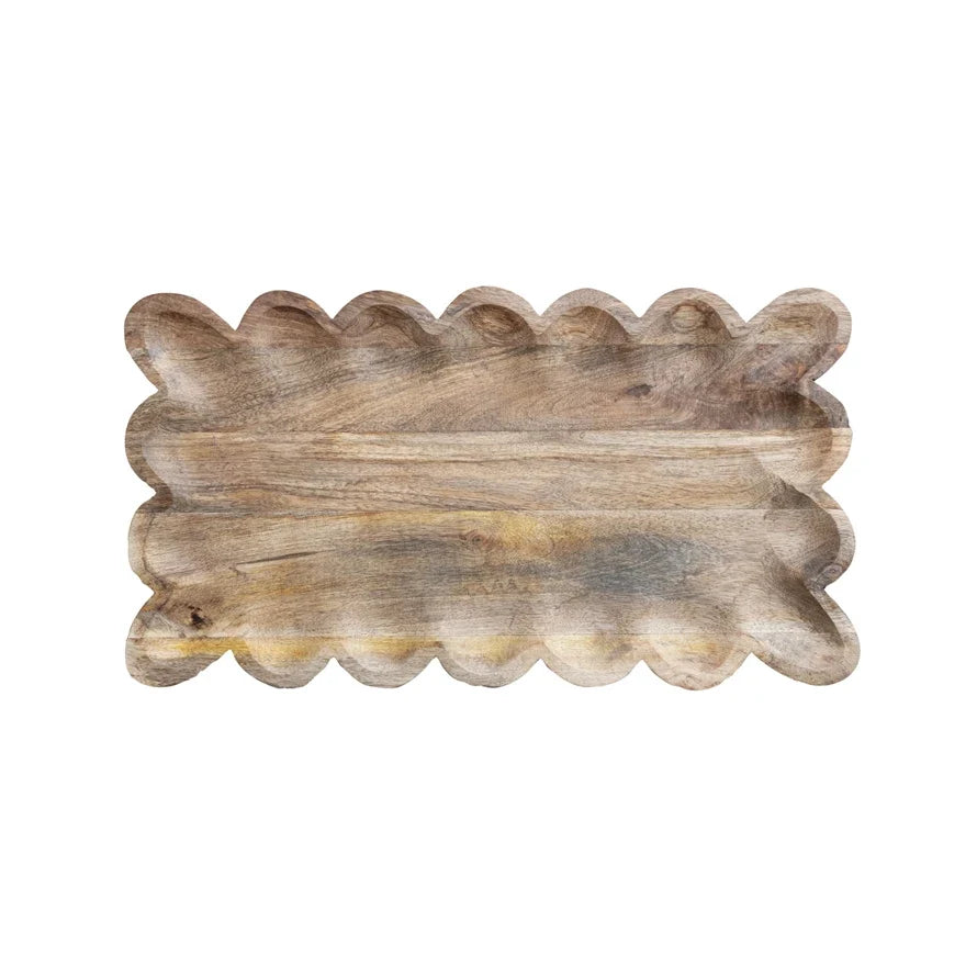 Mango wood tray with scalloped edge, natural, 17.5 inches