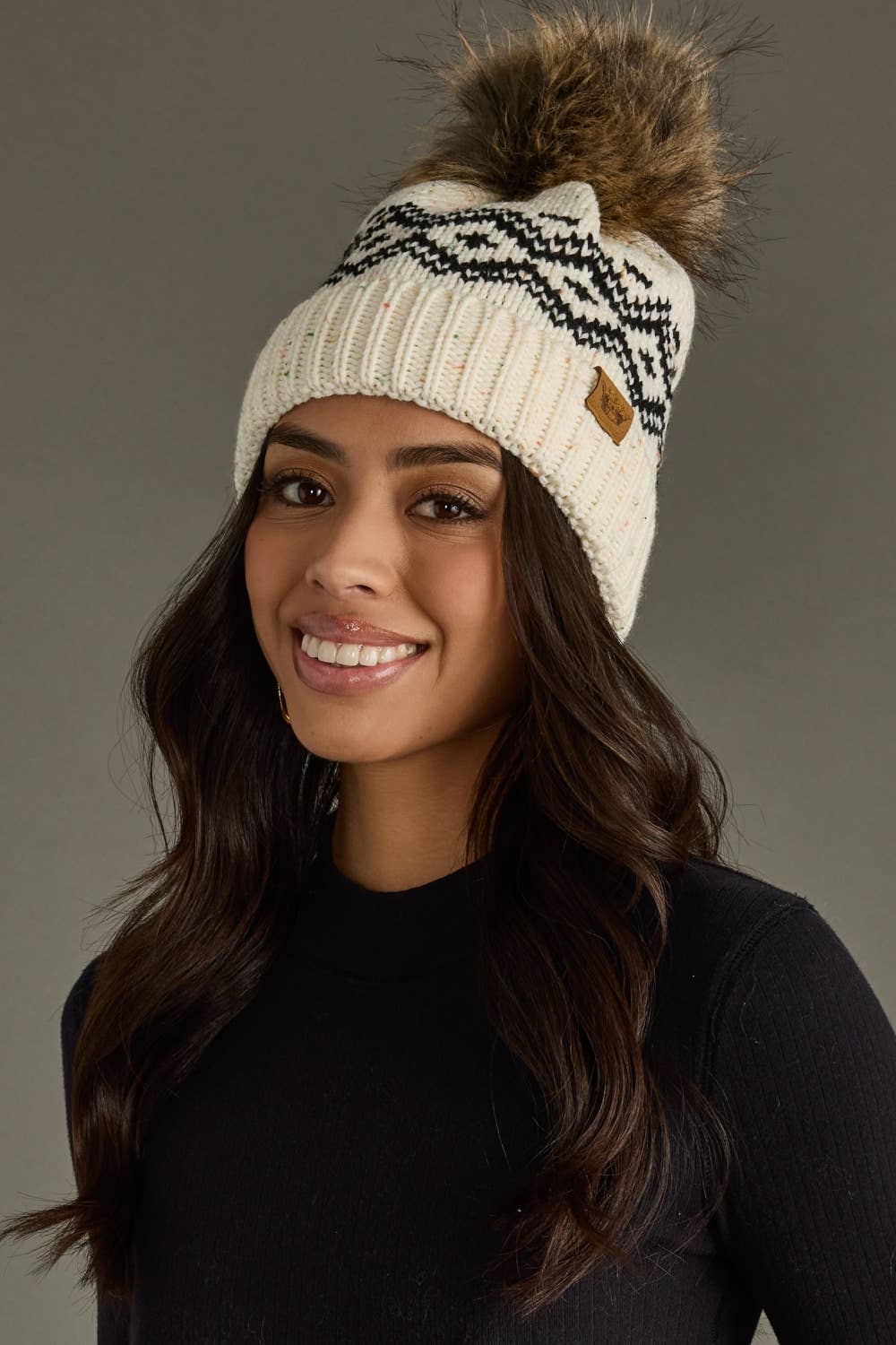 Cream & Speckled Pattern Pom Hat