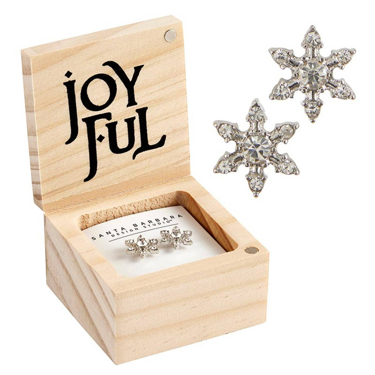 Joyful holiday earrings in treasure box, alternate view