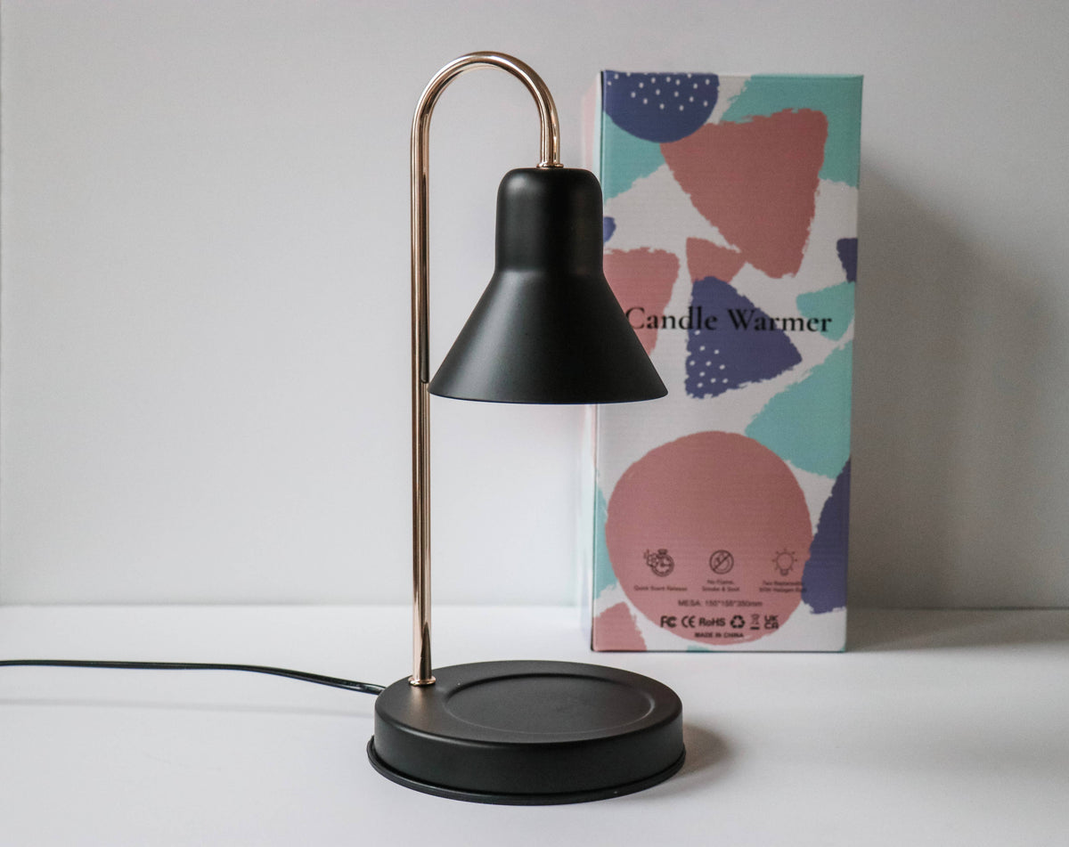 Nova Candle Co electric candle warming lamp, black and gold, front view