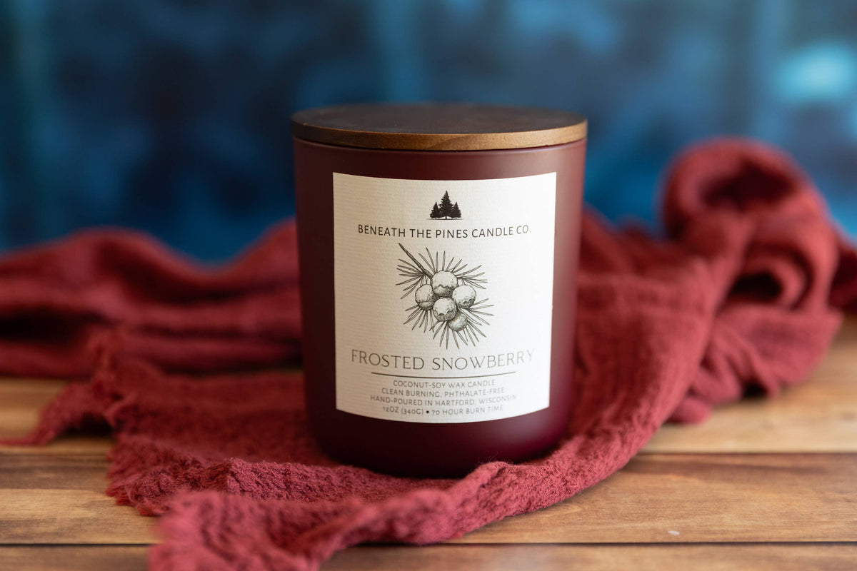 Beneath The Pines Candle Co. Frosted Snowberry soy candle in glass jar