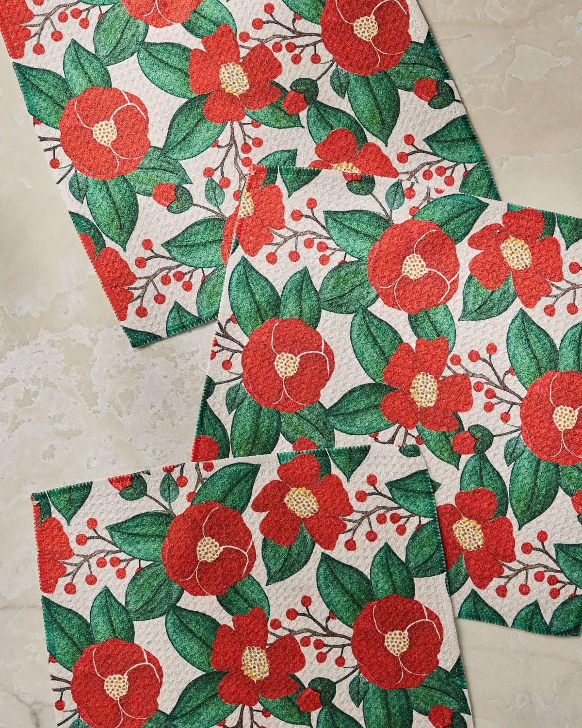 Geometry Winter Camellia floral print dishcloth set