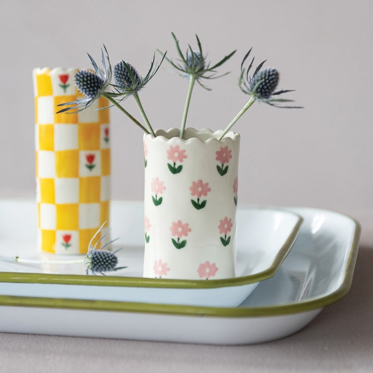 Stoneware Floral Vase with Scalloped Edge