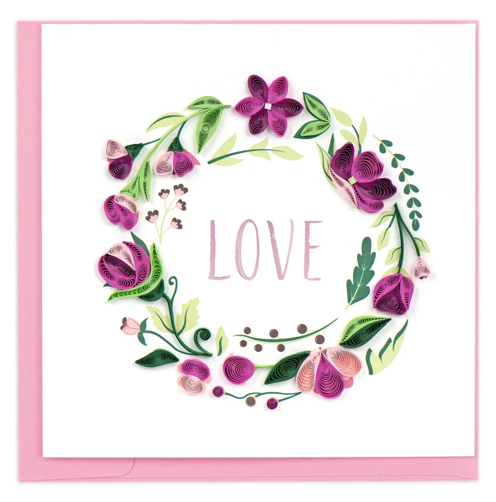 Quilled LOVE floral wreath greeting card, handmade anniversary card