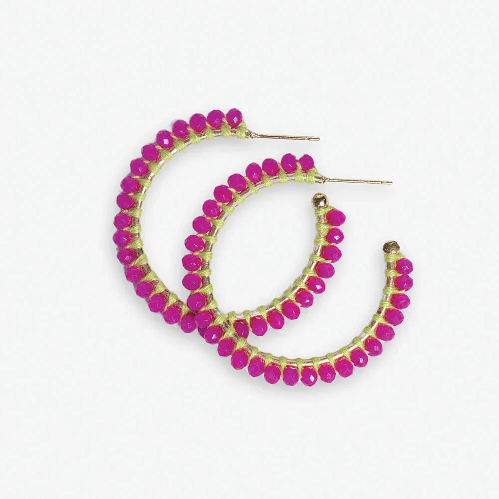 Lillian Crystal Threaded Beads Hoops, Hot Pink
