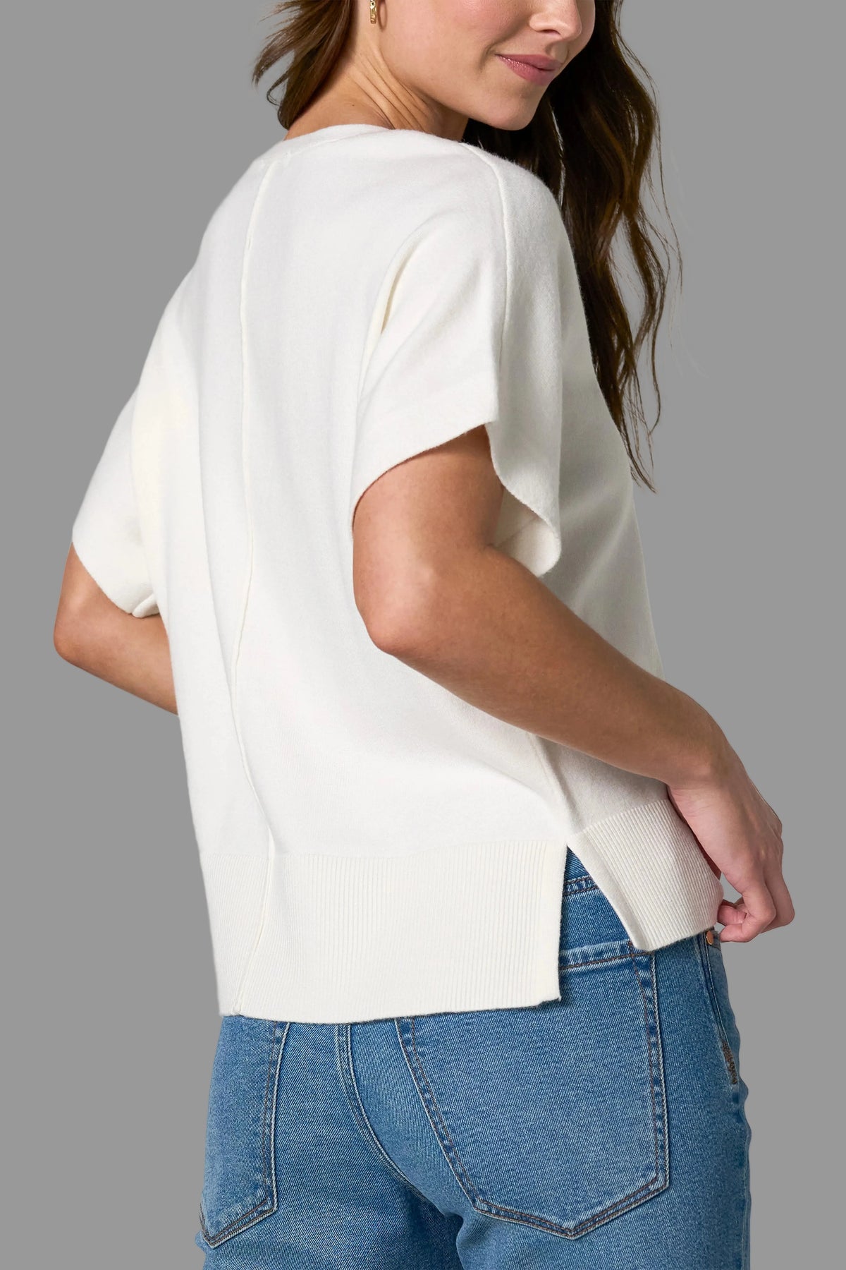 Short Sleeve Vneck Dolman Popover Sweater, Whipped Cream