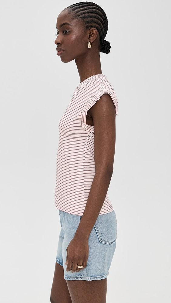 Olivia Rolled Sleeve Tee, White & Ruby Stripe
