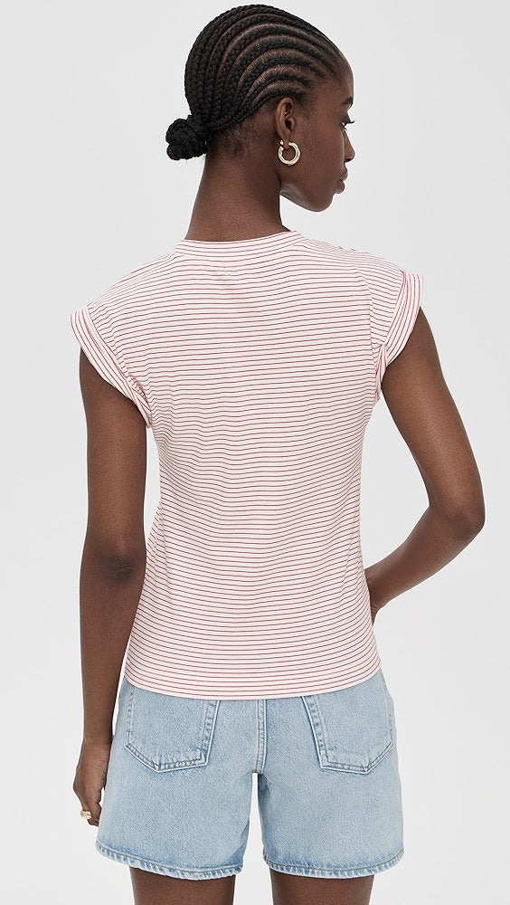 Olivia Rolled Sleeve Tee, White & Ruby Stripe