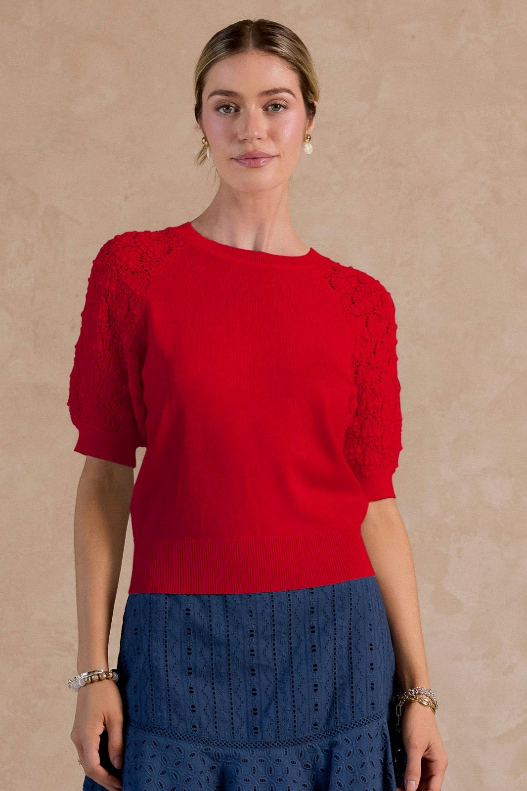 Short Sleeve Sweater Top, Red
