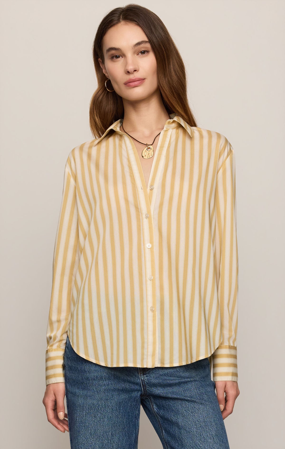 Golden Haven Stripe Button Up in Golden Sage