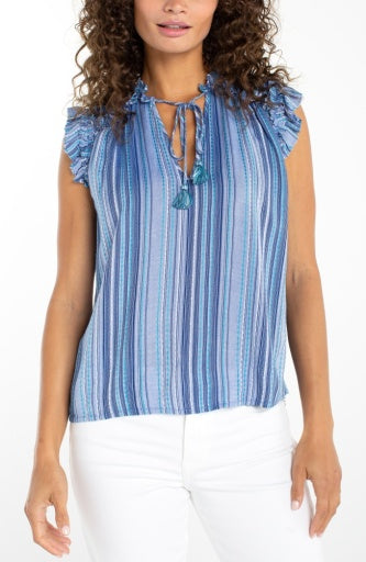 Liverpool flutter sleeve ruffled woven top, front view