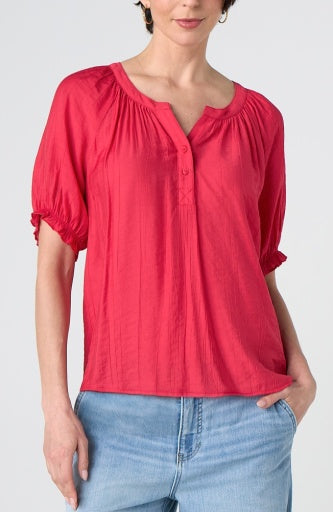 Short Sleeve Half Placket Woven Blouse, Cherry Rose