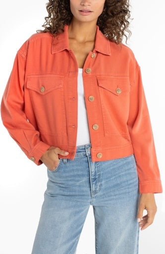 Liverpool oversized cropped denim jacket, red clay, back view