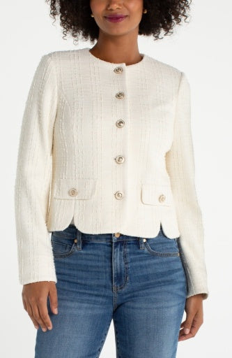 Liverpool collarless jacket with scallop detail, cream boucle, front view