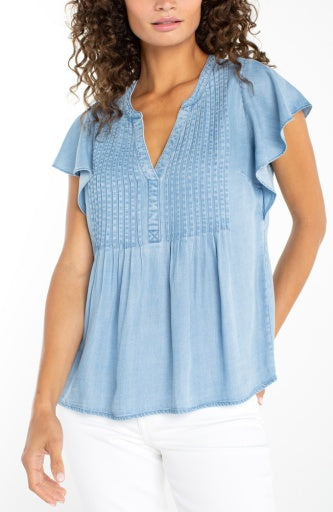 Flutter Sleeve Popover Woven Blouse with Pintuck, Malibu Light