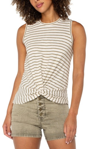 Liverpool sleeveless crew neck twist front top, cream olive stripe, front view