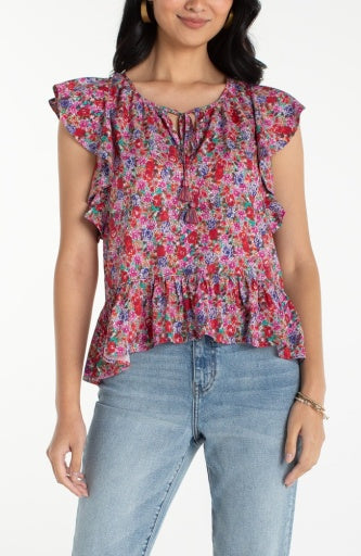 Liverpool flutter sleeve peplum top with ties, front view