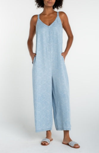 Liverpool wide leg crop jumpsuit with adjustable straps, front view