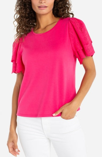 Liverpool short sleeve knit to woven top, diva pink, back view